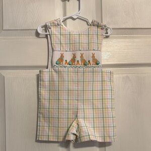 Shrimp and Grits Kids Plaid Pastel Bunny Smocked Jon Jon Shortalls